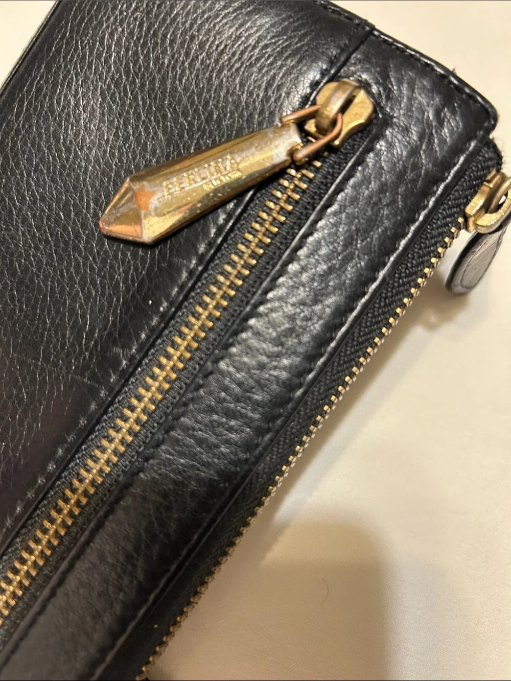 Perlina Black Leather Zip Wallet Wristlet with Gold Hardware